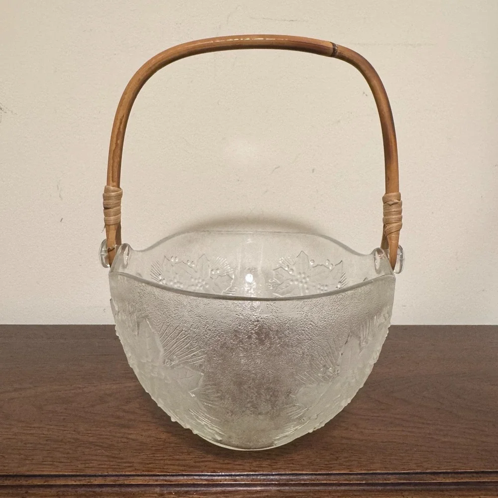 Vtg Frosted Clear Glass Holiday Basket Holly Berry Christmas Bells Woven Handle